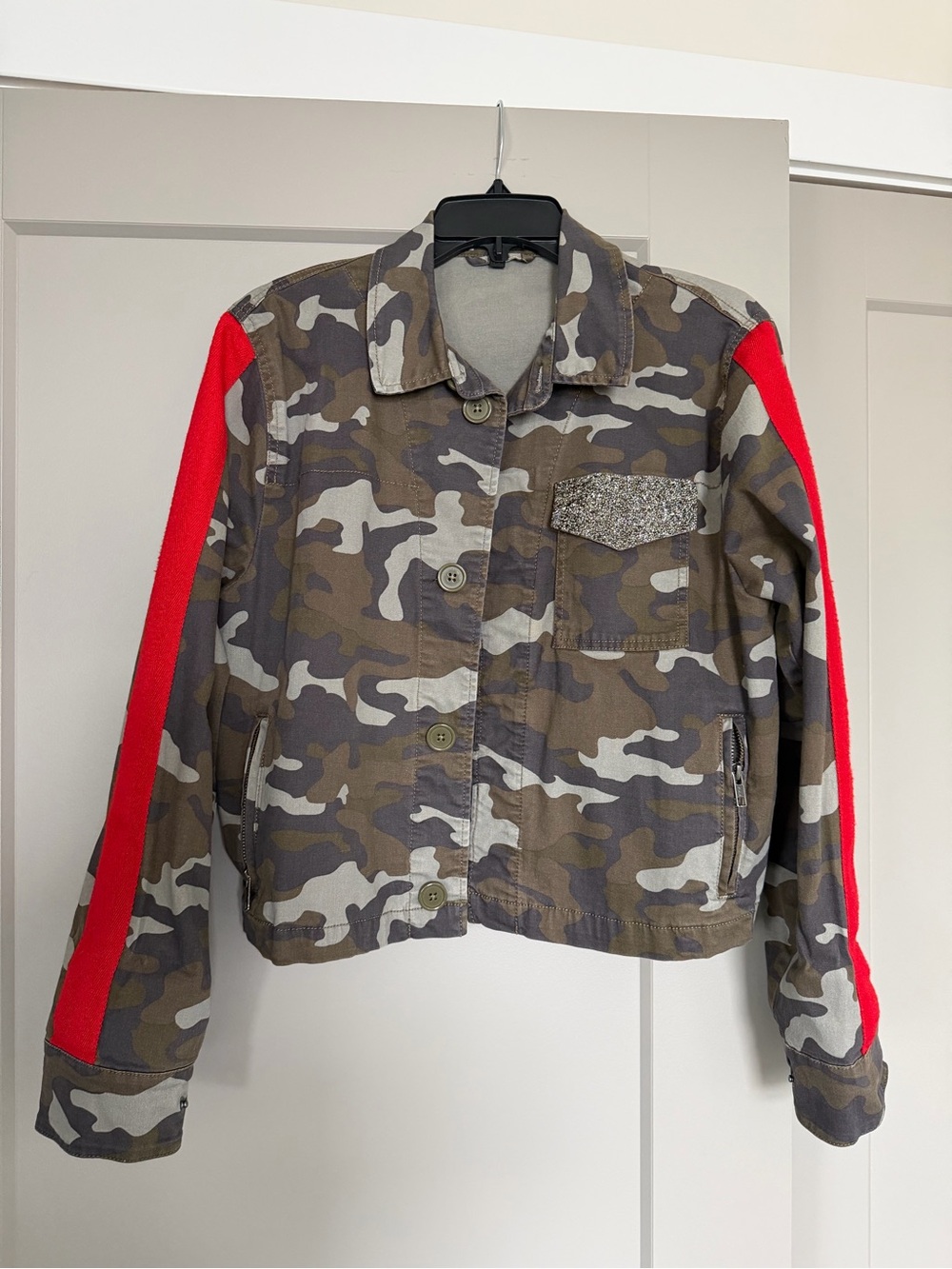 Express Camo Jean Jacket with Red Sleeve Stripes